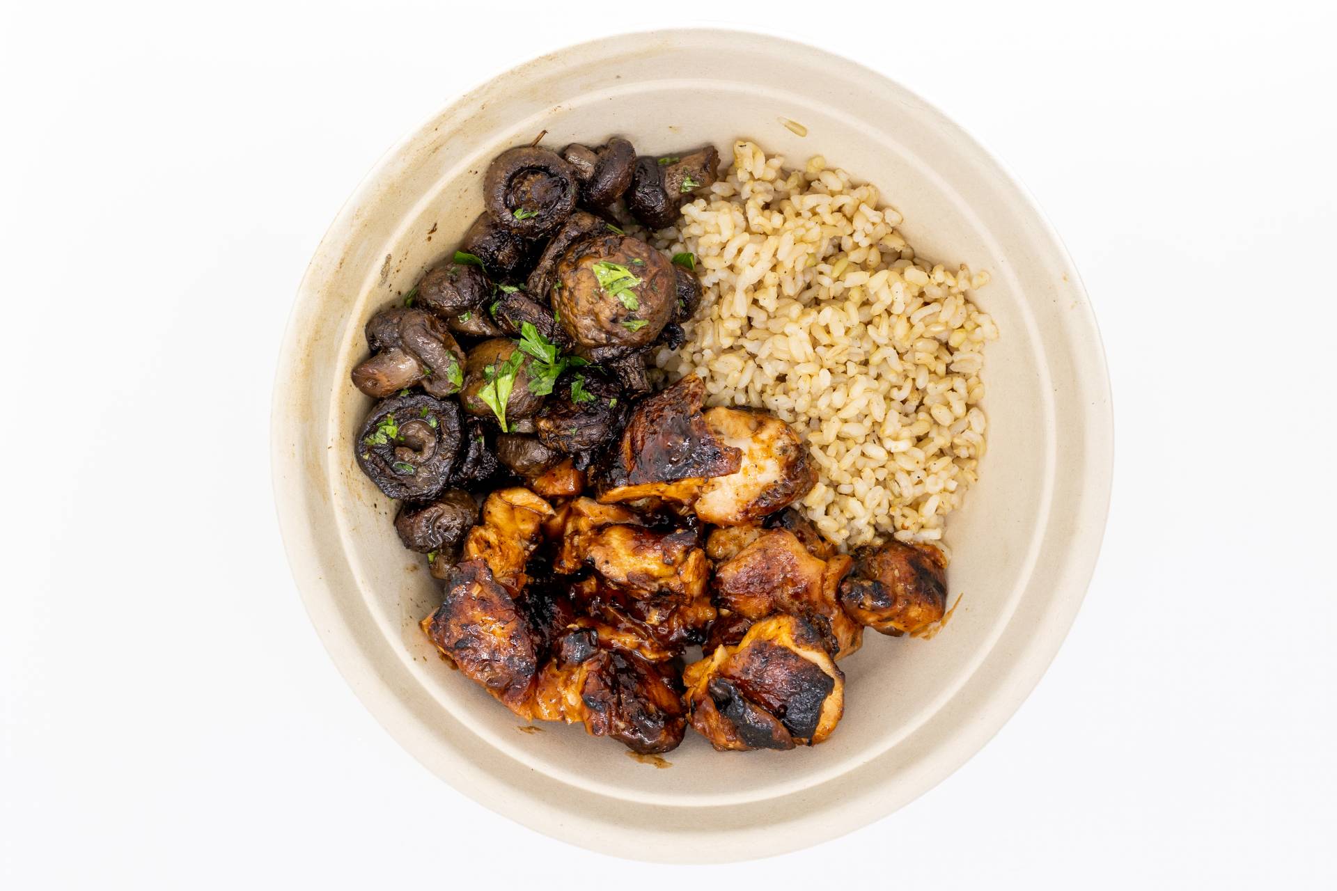 BBQ Grilled Chicken Roasted Balsamic Mushrooms & Brown Rice