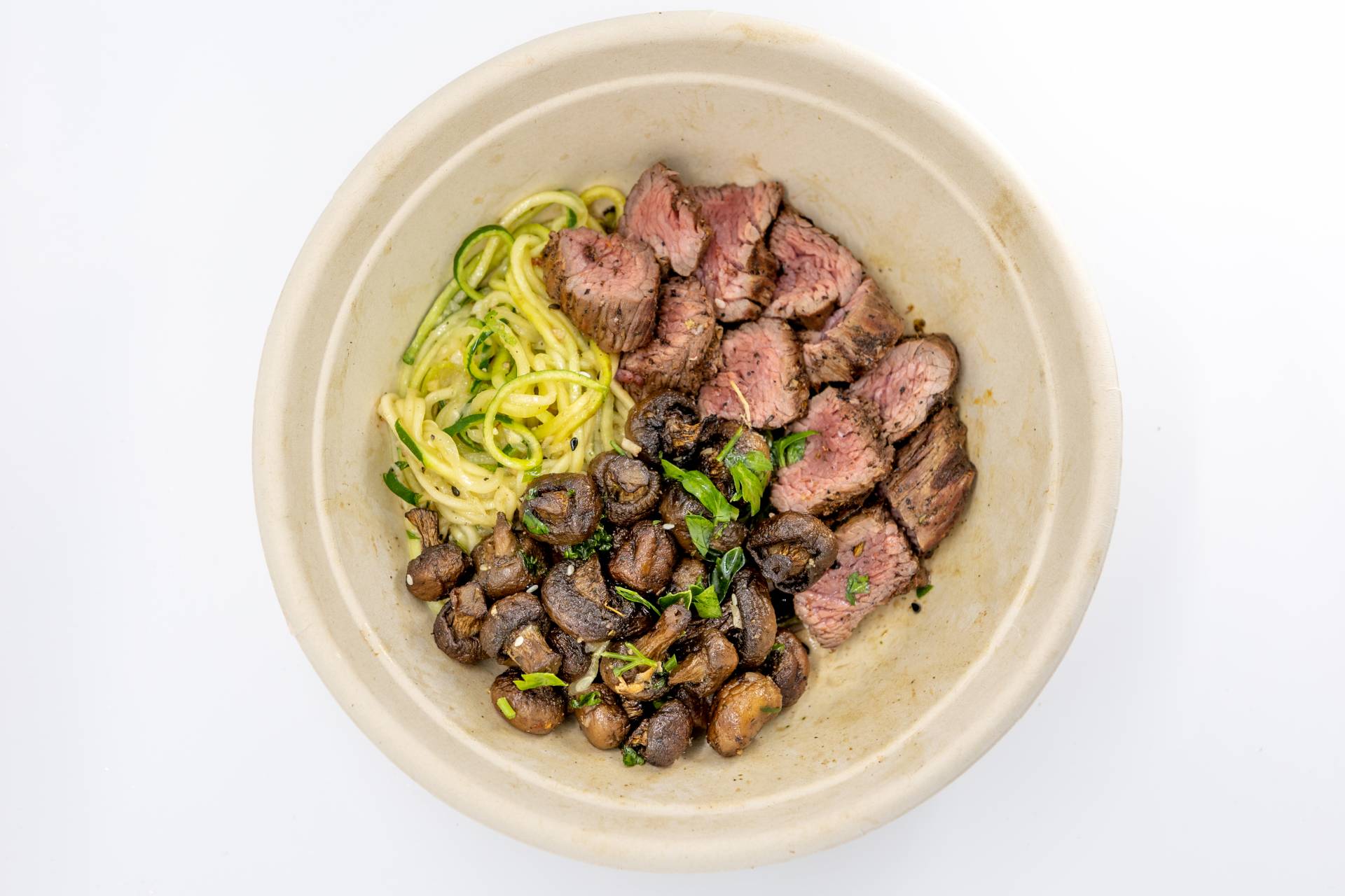 Herb Grilled Steak Zoodles & Roasted Balsamic Mushrooms