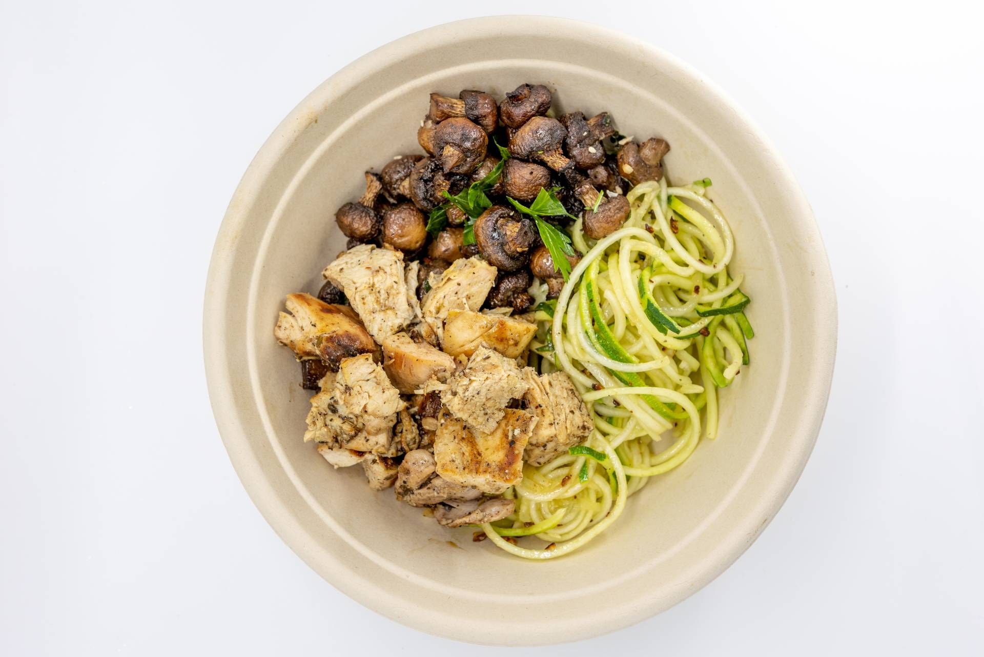 Herb Grilled Chicken Zoodles & Roasted Balsamic Mushrooms