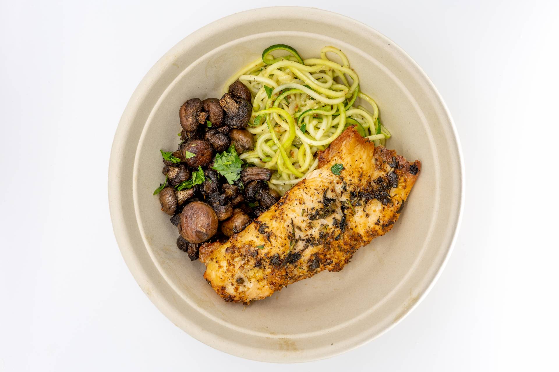 Roasted Salmon Zoodles & Roasted Balsamic Mushrooms